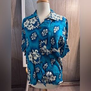 Nino Vianni vintage Blue Hawaiian Shirt with White Floral Print - mint